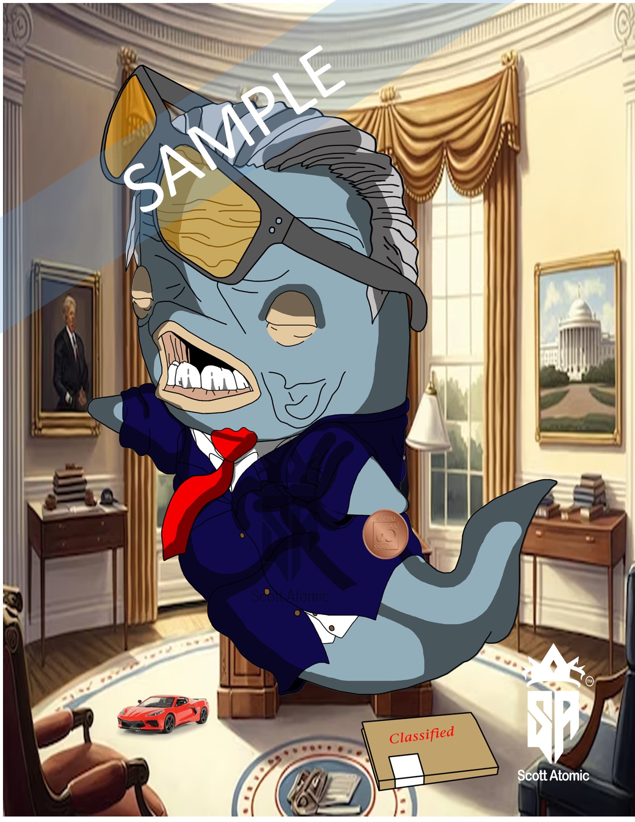 In this delightfully satirical image, we find ourselves back in the hallowed halls of the Oval Office, but with a playful twist that’s sure to make waves. Enter the “Porpoise of the United States,” channeling none other than President Joe Biden in an aquatic, tongue-in-cheek caricature that’s as amusing as it is clever. The image captures Biden’s characteristic expressions through the lens of marine life, offering a light-hearted, humorous take on the current commander-in-chief. 

Our porpoise president, with his trademark aviator sunglasses perched comically on his head, exudes a blend of Biden’s folksy charm and oceanic cool. The broad grin, familiar to anyone who’s watched Biden on the campaign trail, is now transformed into a toothy porpoise smile, radiating confidence and warmth. Dressed in a navy suit with a bright red tie, this finned leader brings a touch of Biden’s classic style to the underwater world. The details are spot-on, from the neatly combed hair to the easygoing demeanor that seems to say, "Relax, we’ve got this." 

The setting, as always, is the iconic Oval Office, complete with golden drapes and a presidential desk cluttered with important documents. But in this version, there’s a playful twist: a toy red Corvette sits on the floor, a nod to Biden’s well-known love for his classic car, and a "Classified" folder humorously tucked under one fin, alluding to the sometimes-muddled handling of sensitive information. The scene is rounded out by a CuBit tucked under one fin, symbolizing economic challenges. This image, signed by Scott Atomic, perfectly blends political homage with a splash of satire, celebrating Biden’s presidency with a unique and aquatic twist. It’s a scene that invites viewers to smile, appreciate the humor, and maybe even think a bit about the man behind the porpoise.