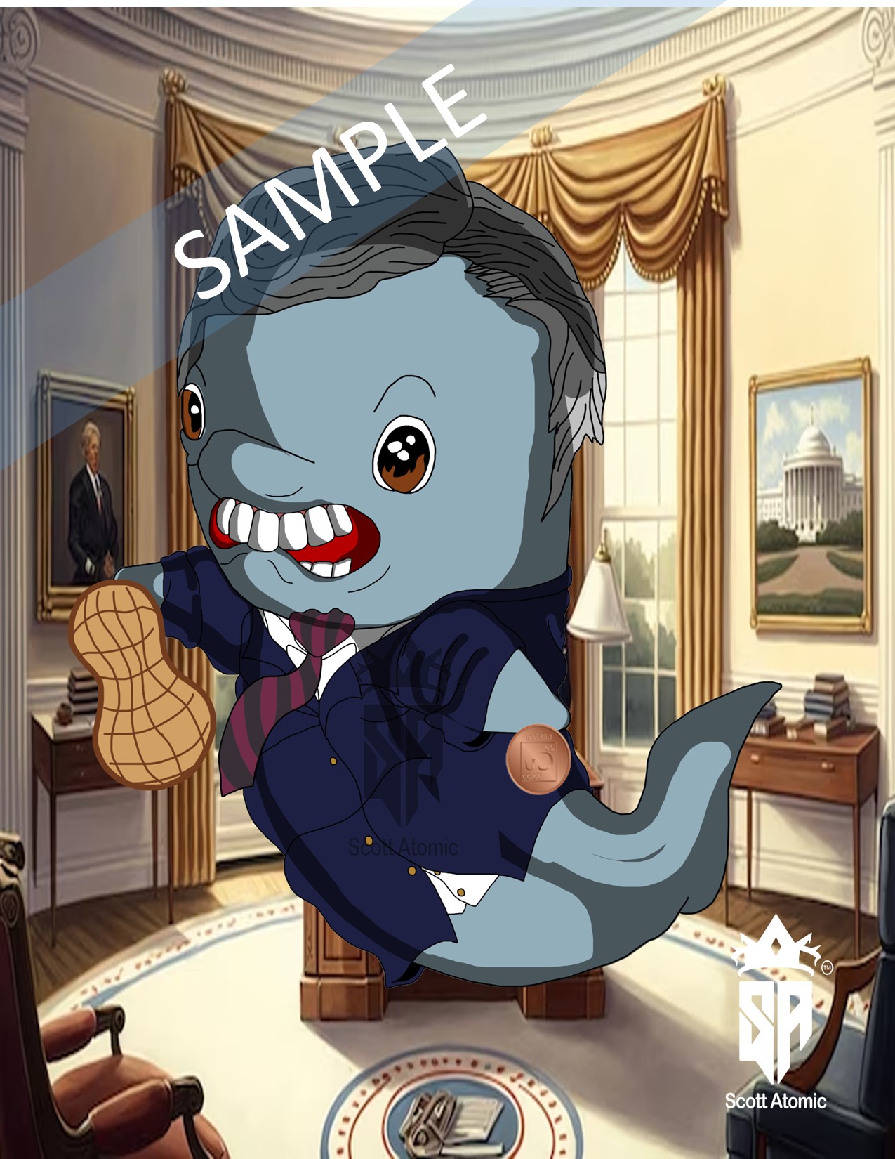 In this delightfully satirical image, we find ourselves once again in the stately Oval Office, where history and humor blend seamlessly to create a scene that’s equal parts homage and hilarity. Here, we have the “Porpoise of the United States,” an aquatic caricature that brilliantly embodies President Jimmy Carter, the 39th commander-in-chief. 

Our marine protagonist is unmistakably Carter-esque, sporting a mop of dark hair and that familiar toothy grin. The porpoise is impeccably dressed in a navy suit, complete with a red-and-blue striped tie, reminiscent of Carter’s own down-to-earth style. But the pièce de résistance is the giant peanut clutched in its flipper, a nod to Carter’s roots as a peanut farmer from Georgia. This playful addition adds a layer of whimsy that makes the satire all the more endearing. 

The background remains the dignified Oval Office, with golden drapes, an iconic portrait on the wall, and a view of the Capitol, all meticulously rendered to capture the essence of presidential prestige. However, this office has never seen a resident quite like this one—a porpoise navigating the corridors of power with the same earnestness and integrity as Carter himself. 

A CuBit is tucked under one flipper, symbolizing Carter’s reputation for frugality and his focus on economic issues during his presidency. The setting and character come together to form a visual pun that’s both respectful and riotously funny. 

Signed by Scott Atomic, this piece masterfully captures the spirit of Jimmy Carter through the lens of marine life, creating a scene that’s sure to entertain and amuse. It’s a brilliant blend of historical reference, artistic creativity, and light-hearted satire that invites viewers to smile and appreciate the imaginative intersection of politics and humor.