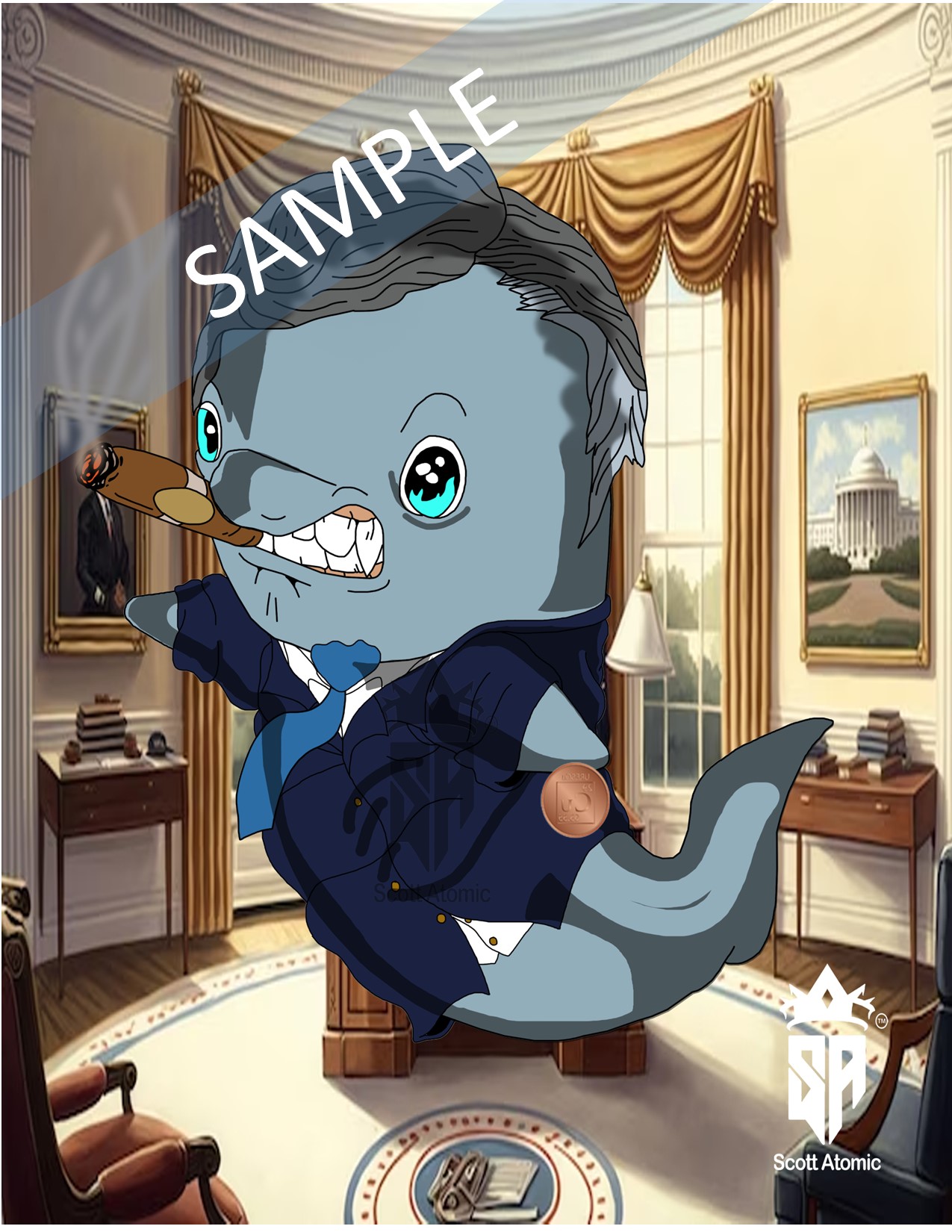 In this cheeky and creatively audacious image, we find ourselves once more in the storied Oval Office, but this time with a decidedly piscine twist. Front and center is the “Porpoise of the United States,” embodying none other than President Bill Clinton. This cartoonish portrayal is a masterclass in marine-themed political satire, seamlessly blending the charismatic essence of Clinton with the playful nature of a porpoise. Our presidential porpoise is unmistakably Clinton-esque, sporting a mane of dark hair and a mischievous grin that could only belong to the 42nd President. A lit cigar clenched between its teeth adds a rebellious flair, reminiscent of Clinton’s more relaxed moments. The porpoise is impeccably dressed in a sharp navy suit, complete with a light blue tie that flutters with a sense of casual confidence. The inclusion of a penny on the lapel once again ties back to themes of economic policy or perhaps simply adds to the playful pun. The backdrop is the meticulously recreated Oval Office, adorned with all the hallmarks of presidential prestige. Golden drapes frame the scene, with sunlight streaming through large windows that reveal iconic views of the nation’s capital. A portrait on the wall hints at Clinton’s own tenure, and the room is furnished with the resolute desk and leather chairs, maintaining the office’s air of authority even in this satirical take. This piece, signed by Scott Atomic, is a delightful fusion of political homage and artistic whimsy. It captures the essence of Clinton with a light-hearted twist, transforming the Oval Office into a stage for this aquatic commander-in-chief. The result is an image that’s sure to entertain and provoke thought among viewers who appreciate the intersection of art, humor, and political commentary.