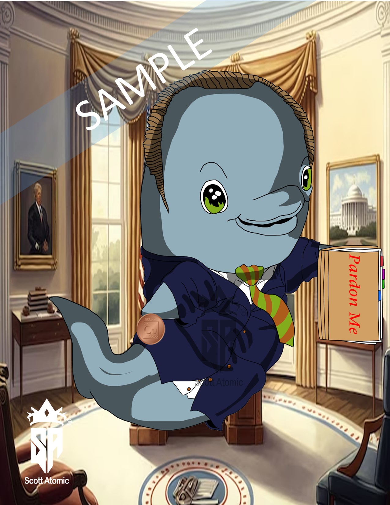 In this brilliantly whimsical image, we’re treated to another underwater twist on presidential history, as the Oval Office becomes the domain of the “Porpoise of the United States,” embodied by none other than President Gerald Ford. This playful rendering captures Ford’s essence through the charming guise of a marine mammal, combining historical reference with a splash of humor. 

Our porpoise president, with a friendly and earnest expression, sports a suit and tie in shades of navy and green, echoing Ford’s traditional sartorial choices. The creature’s sleek, aquatic form is accentuated by a head of neatly parted hair, instantly recognizable as a tribute to Ford’s own iconic style. 

In its flipper, the porpoise clutches a folder conspicuously labeled “Pardon Me,” a clever nod to Ford’s most controversial and well-known decision to pardon Richard Nixon. This element adds a layer of political satire, reminding viewers of the significant moments of Ford’s presidency through a light-hearted lens. 

The background remains the stately Oval Office, complete with golden drapes, an iconic portrait on the wall, and a view of the Capitol through the windows. This meticulous attention to detail ensures the setting remains dignified, even as it accommodates this finned commander-in-chief. 

A CuBit is humorously tucked under one flipper, perhaps a subtle jab at the economic challenges Ford faced during his time in office, or simply another layer of the visual pun. The overall effect is both respectful and riotously funny, capturing the spirit of Ford’s tenure with a sense of aquatic grace. 

Signed by Scott Atomic, this piece masterfully blends the worlds of politics and marine life, creating a scene that’s sure to entertain and provoke thought. It’s a delightful intersection of historical homage and artistic whimsy, inviting viewers to appreciate the imaginative reinterpretation of Gerald Ford’s legacy as a porpoise navigating the high seas of the Oval Office.