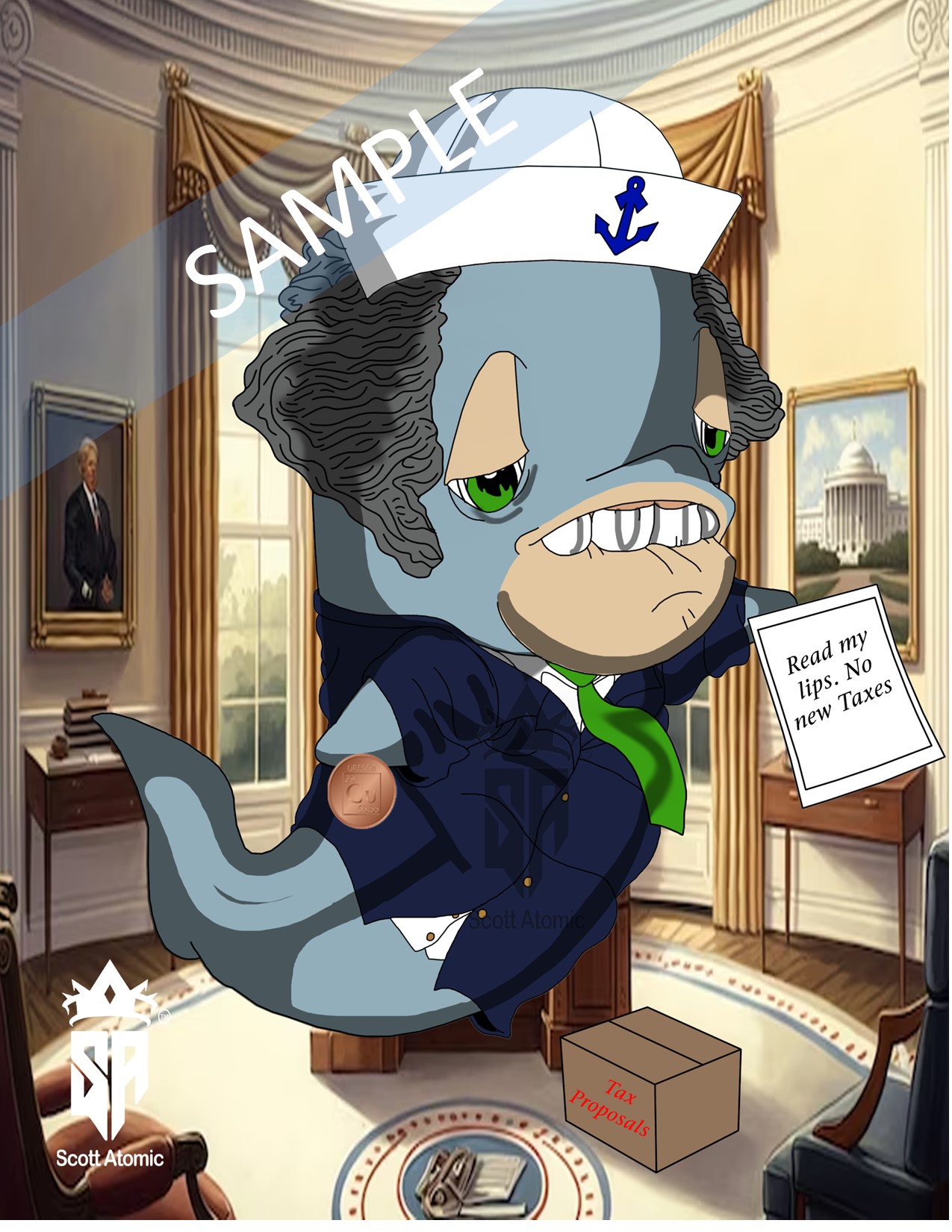 In this satirical and whimsically irreverent image, we find ourselves in the hallowed halls of the Oval Office, where political gravitas and oceanic puns collide in a splash of cartoonish brilliance. The centerpiece of this visual jest is none other than a porpoise—yes, a porpoise—dressed to the nines in the unmistakable garb of President George H. W. Bush. 

This "Porpoise of the United States" sports a sailor’s hat, complete with an anchor insignia, tipping its fin to Bush's naval background. With a look of bemused determination, the porpoise brandishes a piece of paper that reads, "Read my lips. No new Taxes," echoing the infamous pledge made by the 41st President. 

The porpoise is clad in a dark navy suit, albeit with a whimsical twist—a CuBit is clutched tightly under one flipper, perhaps a nod to fiscal conservatism or simply another layer of the pun. The setting is complete with the Oval Office’s iconic decor: golden drapes framing large windows, portraits of past presidents (one appearing to be of Bush himself), and the resolute desk, which now has a cardboard box labeled "Tax Proposals" casually resting beside it. 

The image, signed by Scott Atomic, is a delightful dive into political satire, blending historical reference with marine life in a way that’s sure to make waves among aficionados of political humor and art lovers alike.