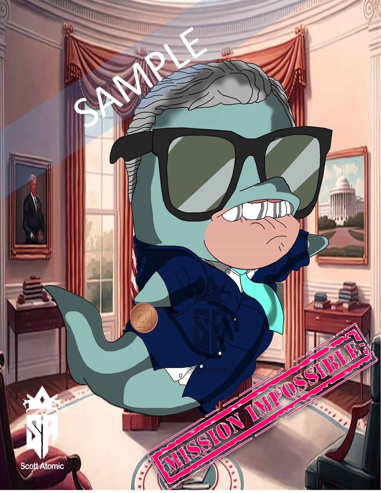 In this sharp and humorous image, we find the Oval Office reimagined under the command of the “Porpoise of the United States,” channeling the distinctive swagger of President George W. Bush. The satire is thick, yet playful, transforming the 43rd president into an aquatic version of himself that’s both instantly recognizable and amusingly absurd. 

Our porpoise president sports oversized aviator sunglasses, a clear nod to Bush's often casual, "ready-for-action" persona. The porpoise's expression—a mix of determination and a slight smirk—captures Bush's trademark "bring it on" attitude. Dressed in a navy suit with a light blue tie, the porpoise exudes that unmistakable Texas charm, with a CuBit humorously pinned to its lapel, adding a subtle jab at economic issues or perhaps just a playful twist. 

The setting, as usual, is the iconic Oval Office, but this time with an extra dash of drama: a bold "MISSION IMPOSSIBLE" stamp is emblazoned across the scene, a wink to his premature declaration of victory in the Gulf War. The room retains its dignified decor—golden drapes and a presidential desk—yet the playful elements ensure the satire is front and center. 

Signed by Scott Atomic, this piece is a perfect blend of political satire and artistic creativity. It invites viewers to chuckle at the aquatic transformation of Bush, appreciating the humor while also reflecting on the "missions" that defined his time in office. It's a scene that captures the essence of Bush's presidency with a light-hearted, yet pointed, twist, offering both entertainment and a bit of thought-provoking commentary.