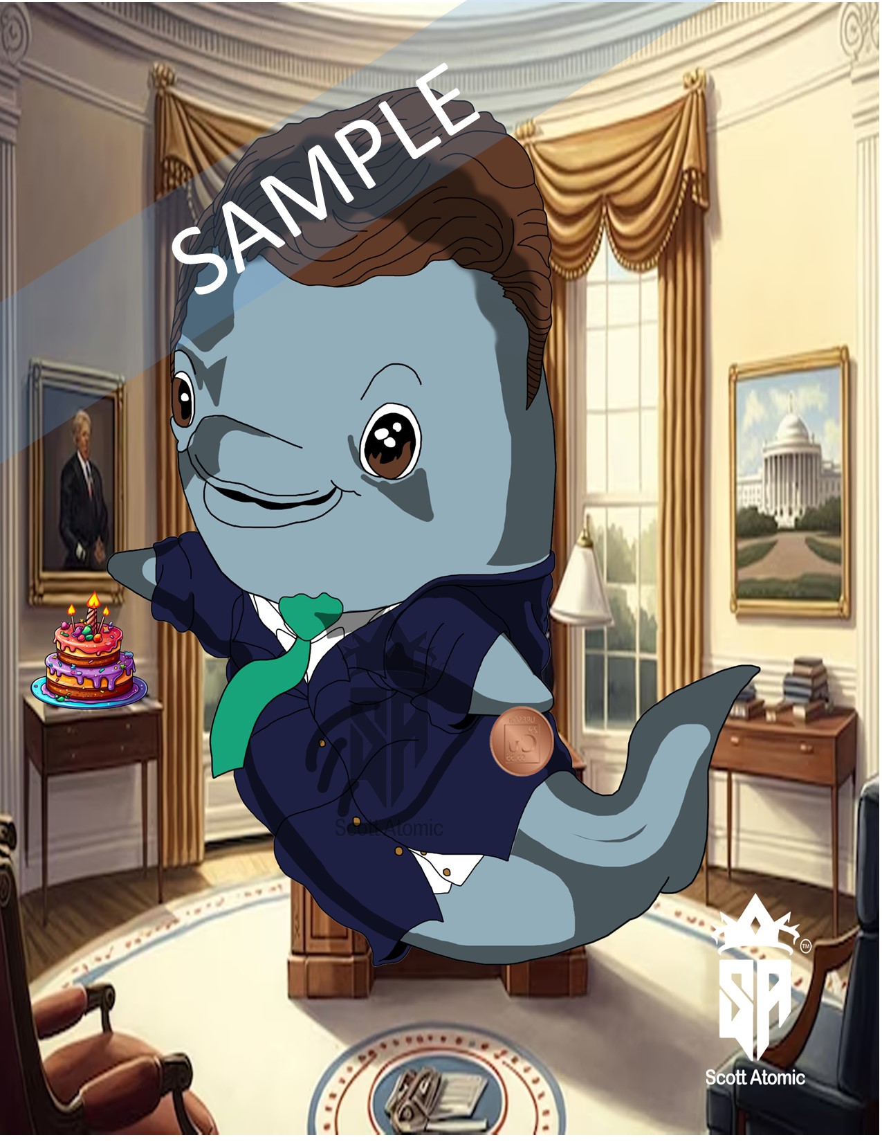 In this whimsical and irreverently creative image, we find ourselves once again in the storied Oval Office, now presided over by the “Porpoise of the United States,” a delightful caricature of President John F. Kennedy. This playful portrayal captures JFK’s iconic charm and youthful vigor, all through the lens of marine-themed satire. 

Our aquatic president, with his distinctive quiff of perfectly coiffed hair, sports a broad, confident smile that would be right at home in any Kennedy family portrait. The porpoise is dressed in a sharp navy suit, complemented by a green tie that adds a touch of Kennedy’s classic, preppy style. The attention to detail ensures that even in porpoise form, the essence of JFK’s charismatic persona is unmistakable. 

In a charming nod to Kennedy’s well-documented love of birthdays and celebrations, the porpoise holds a colorful, multi-tiered birthday cake, complete with lit candles, as if ready to serenade the nation with a heartfelt “Happy Birthday.” This humorous touch adds a layer of warmth and humanity to the scene, reminding viewers of JFK’s ability to connect with the public on a personal level. 

The backdrop remains the dignified Oval Office, complete with golden drapes, a portrait on the wall, and a view of the Capitol through the windows. The setting is meticulously recreated to maintain the gravitas of the presidency, even as it hosts this finned commander-in-chief. 

A CuBit is humorously tucked under one fin, possibly symbolizing JFK’s focus on economic policies or simply adding another layer to the playful visual pun. The overall effect is a delightful blend of respect and humor, capturing the spirit of Kennedy’s presidency with an aquatic twist. 

Signed by Scott Atomic, this piece masterfully combines political homage with artistic whimsy. It invites viewers to smile and appreciate the imaginative intersection of historical reverence and light-hearted satire. It’s a scene that’s sure to entertain and provoke thought, celebrating JFK’s legacy in a uniquely playful way.