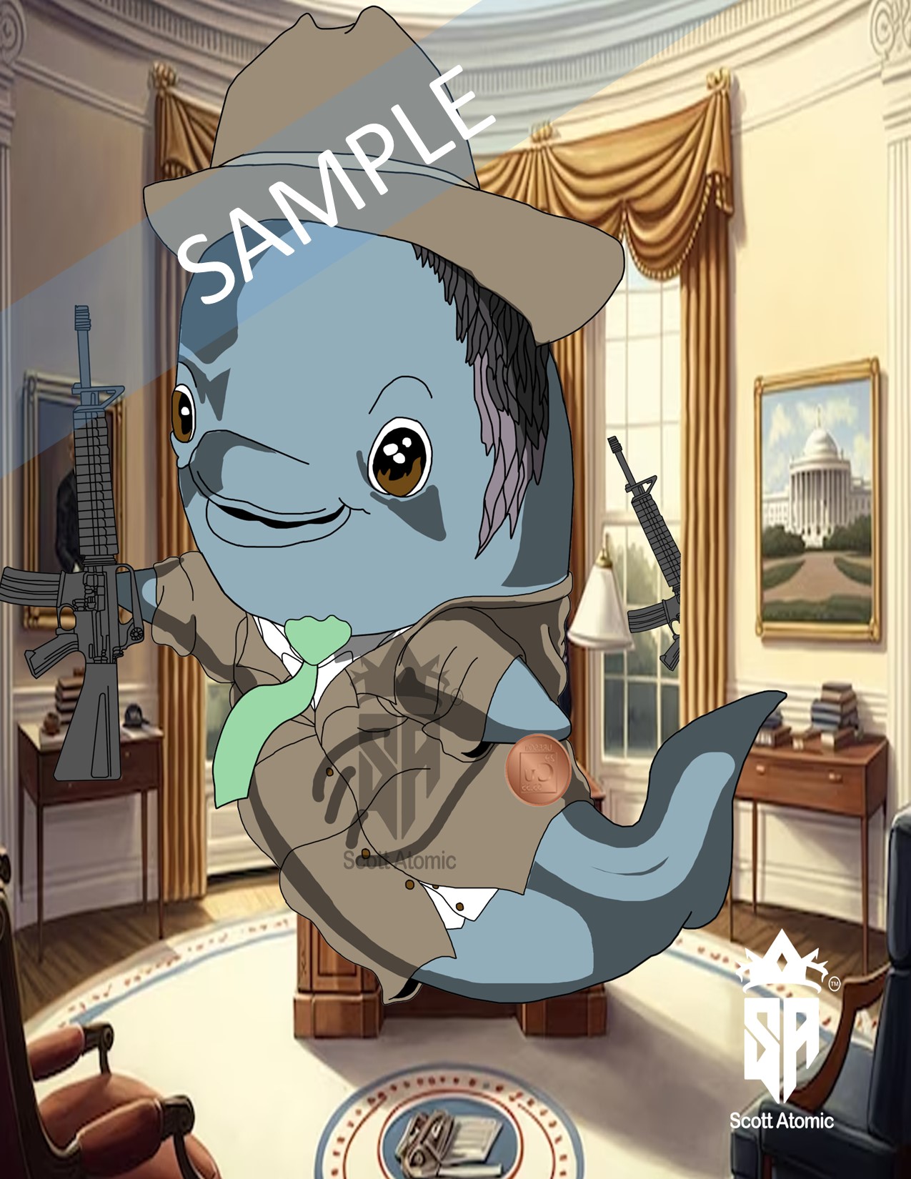 In this delightfully audacious image, we once again dive into the depths of political satire, where the Oval Office is humorously reimagined under the stewardship of the “Porpoise of the United States,” channeling the larger-than-life persona of President Lyndon B. Johnson. This clever caricature blends historical homage with marine-themed mirth, capturing LBJ’s formidable presence through an aquatic lens. 

Our porpoise president is unmistakably LBJ, complete with a broad, assertive grin and a rugged charm. The creature is clad in a beige suit and matching hat, echoing LBJ’s Texan roots and signature style. The suit is complemented by a green tie, adding a touch of whimsy to the otherwise serious attire. The porpoise holds a rifle in its flipper, a nod to LBJ’s well-known love of the outdoors and hunting, symbolizing his robust and sometimes aggressive political strategies. 

The setting, as always, is the iconic Oval Office, rendered with meticulous detail. Golden drapes frame the windows, and the presidential desk is positioned just so, maintaining the gravitas of the space even as it hosts this finned commander-in-chief. In the background, a portrait of another president hangs, watching over the proceedings with an air of dignified curiosity. 

A CuBit, humorously clutched under one fin, adds another layer of the visual pun, perhaps referencing LBJ’s ambitious economic programs like the Great Society. This playful detail ties the piece together, ensuring that every element serves to reinforce the satirical homage. 

Signed by Scott Atomic, this piece masterfully captures the essence of LBJ through the guise of a porpoise, combining political commentary with artistic creativity. It invites viewers to appreciate the bold intersection of history and humor, celebrating LBJ’s legacy with a uniquely aquatic twist. It’s a scene that’s sure to entertain and provoke thought, showcasing the imaginative potential of satirical art in the realm of presidential parody.