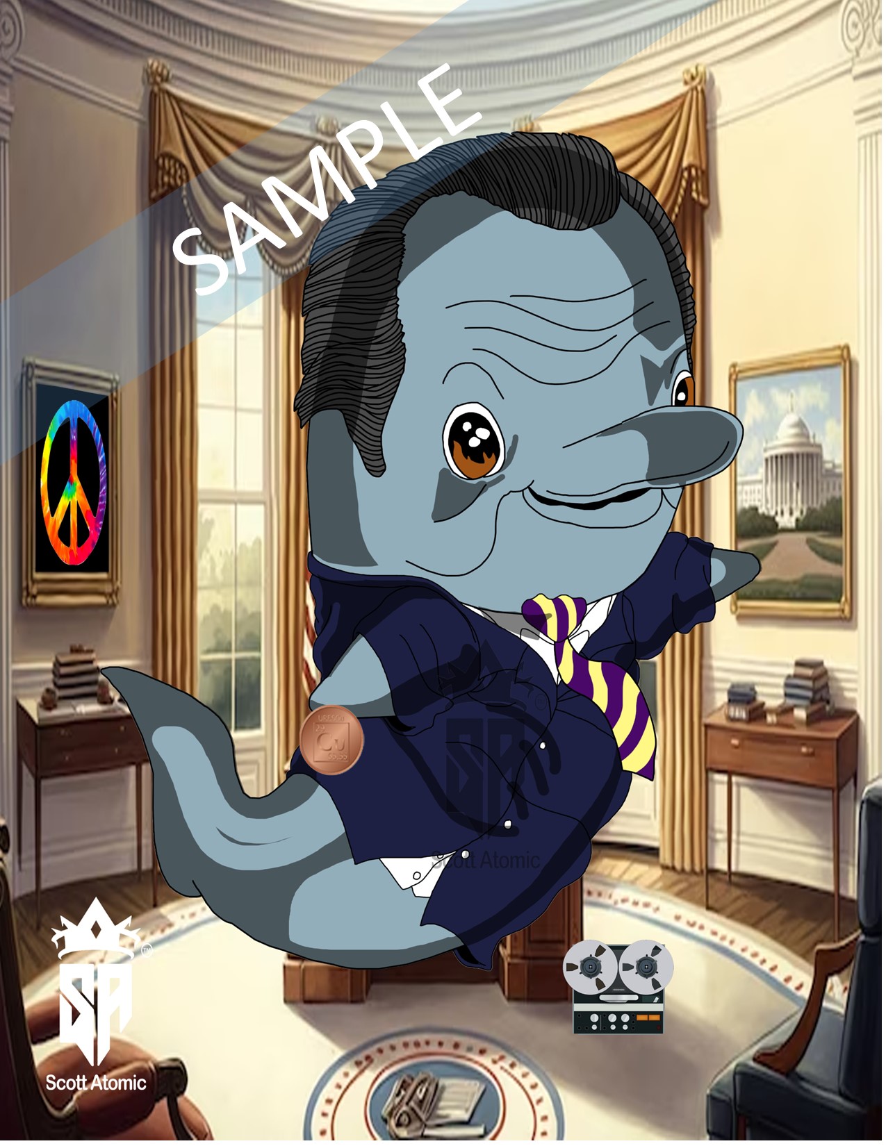 In this light-hearted and creatively satirical image, we dive into the world of political parody where the Oval Office is once again transformed under the whimsical leadership of the “Porpoise of the United States,” this time portraying the enigmatic President Richard Nixon. This clever caricature captures Nixon’s complex persona through the playful lens of marine life. 

Our porpoise president is unmistakably Nixon, with his distinctive jowls, sharp eyes, and that characteristic, somewhat mischievous grin. The porpoise is dressed in a classic dark suit, complete with a purple and yellow striped tie, mirroring Nixon’s often formal yet occasionally flamboyant sartorial choices. His expression is one of wily confidence, perfectly capturing the essence of Tricky Dick. 

The background remains the stately Oval Office, meticulously detailed to maintain its presidential gravitas. Golden drapes frame the windows, while the presidential desk is laden with stacks of documents, hinting at the weighty matters of state. Yet, the scene is not without its humorous touches. To the side, a vintage reel-to-reel tape recorder sits prominently on the floor, a cheeky nod to the infamous Watergate tapes that defined Nixon’s presidency. 

Adding a touch of countercultural irony, a vibrant peace symbol painting hangs on the wall, a playful contrast to Nixon’s contentious relationship with the anti-war movement of the 1960s and 70s. This element underscores the satirical nature of the piece, blending historical references with artistic humor. 

A CuBit is humorously tucked under one fin, perhaps symbolizing Nixon’s economic policies or simply adding another layer to the visual pun. The overall effect is a delightful blend of respect and irreverence, capturing the spirit of Nixon’s presidency with a touch of aquatic charm. 

Signed by Scott Atomic, this piece masterfully combines political commentary with artistic whimsy. It invites viewers to appreciate the bold intersection of history and humor, celebrating Nixon’s complex legacy in a uniquely playful way. It’s a scene that’s sure to entertain and provoke thought, showcasing the imaginative potential of satirical art in the realm of presidential parody.