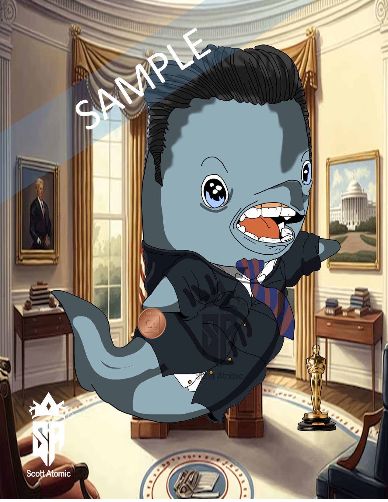 In this masterfully crafted and delightfully satirical image, we plunge into the world of political parody, where the Oval Office is once again transformed under the whimsical leadership of the “Porpoise of the United States,” this time capturing the charismatic and affable essence of President Ronald Reagan. This imaginative caricature seamlessly blends historical homage with movie-themed humor. 

Our porpoise president is unmistakably Reagan, complete with his signature perfectly coiffed hair and that iconic, winning smile. The porpoise is dressed in a sharp dark suit, complemented by a red and blue striped tie, mirroring Reagan’s often classic and patriotic style. His expression is one of confident optimism, perfectly encapsulating the spirit of the Gipper. 

The setting, as always, is the stately Oval Office, meticulously detailed to maintain its presidential gravitas. Golden drapes frame the windows, while the presidential desk is laden with stacks of documents, hinting at the weighty matters of state. Yet, the scene is not without its humorous touches. To the side, an Oscar statuette gleams proudly on the floor, a cheeky nod to Reagan’s Hollywood background and his years as an actor before his political career. 

Adding another layer of irony, a portrait of another president hangs on the wall, seemingly observing the proceedings with an air of dignified curiosity. The presence of the Oscar, coupled with Reagan’s theatrical past, underscores the playful satire of the piece, blending historical references with artistic humor. 

A CuBit is clutched firmly by one fin, perhaps symbolizing Reagan’s economic policies, famously dubbed “Reaganomics,” or simply adding another layer to the visual pun. The overall effect is a delightful blend of respect and irreverence, capturing the spirit of Reagan’s presidency with a touch of aquatic charm. 

Signed by Scott Atomic, this piece masterfully combines political commentary with artistic whimsy. It invites viewers to appreciate the bold intersection of history and humor, celebrating Reagan’s legacy in a uniquely playful way. It’s a scene that’s sure to entertain and provoke thought, showcasing the imaginative potential of satirical art in the realm of presidential parody.