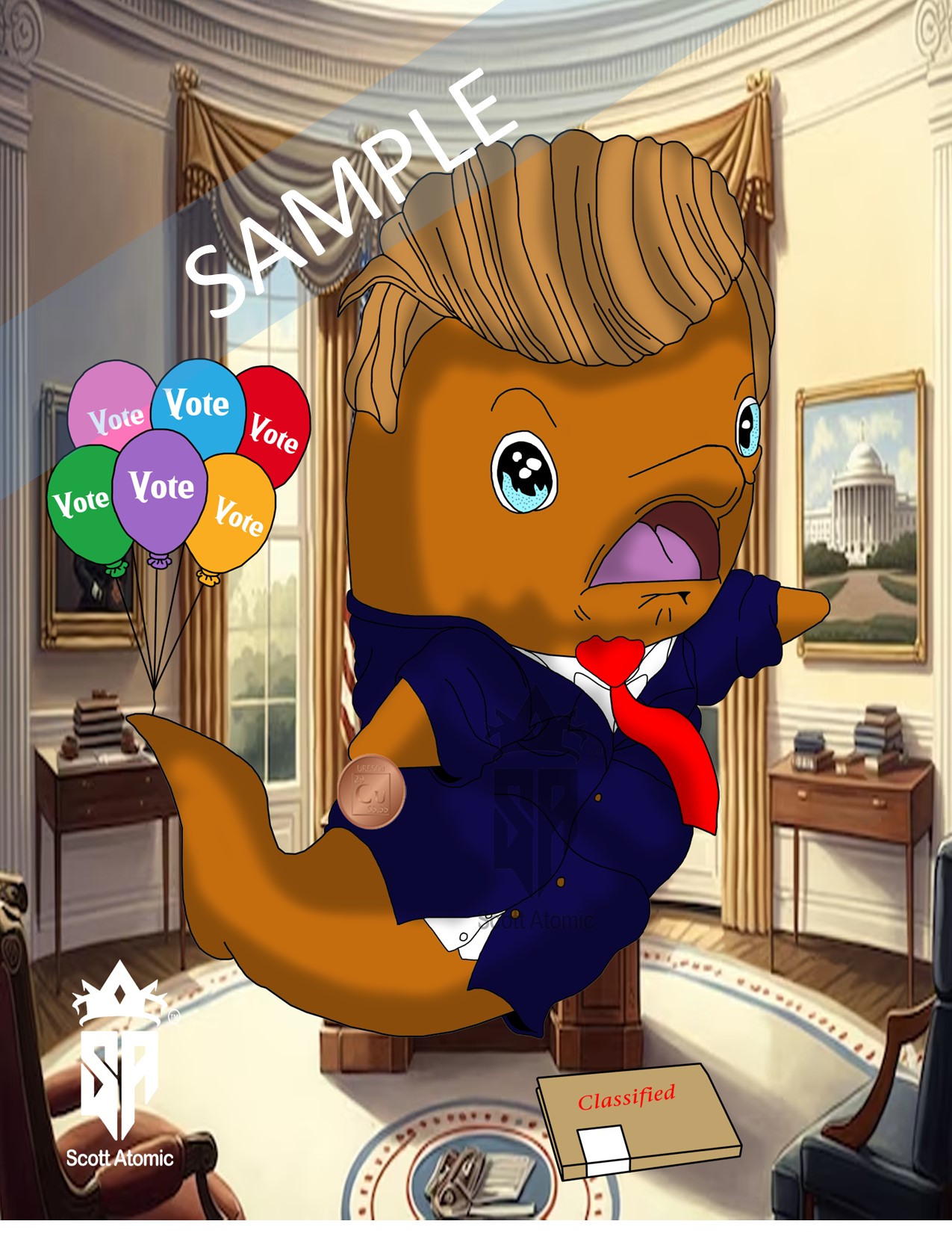 In this uproariously satirical image, the Oval Office is once again transformed under the leadership of the “Porpoise of the United States,” this time channeling the unmistakable persona of President Donald J. Trump. The image is a masterclass in political parody, blending the larger-than-life traits of Trump with the playful absurdity of marine life, resulting in a scene that’s as humorous as it is pointed. 

Our porpoise president is immediately recognizable with his signature hairstyle, which has been expertly reimagined in aquatic form. The iconic sweep of golden locks cascades over his head, capturing Trump’s distinct look. The porpoise’s expression is one of determined confidence, with a slightly open mouth that echoes Trump’s often animated speeches. Dressed in a dark navy suit with a bright red tie, the porpoise exudes the bold, no-nonsense style that Trump is known for, right down to the smallest detail, including a CuBit humorously pinned to his suit. 

The Oval Office, rendered with its typical gravitas, now hosts a few cheeky additions. A cluster of colorful balloons, each emblazoned with the word "Vote," floats beside the porpoise, a nod to Trump’s relentless campaign efforts and his flair for rallying the masses. On the floor, a “Classified” folder is casually tucked under the porpoise’s fin, a playful reference to the controversies surrounding classified documents. This small yet significant detail adds a layer of irony to the scene, underscoring the satirical edge of the piece. 

Signed by Scott Atomic, this image is a clever blend of political homage and artistic satire. It invites viewers to smile and perhaps chuckle at the aquatic rendition of one of America’s most polarizing figures. The piece captures the essence of Trump’s presidency with a humorous twist, celebrating his larger-than-life presence while offering a light-hearted critique that is sure to entertain and provoke thought.